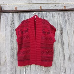 Womens Eddie Bauer Reindeer Fair Isle Cardigan Chunky Knit Sleeveless Sz M/L Red